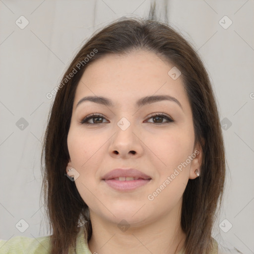 Neutral white young-adult female with medium  brown hair and brown eyes