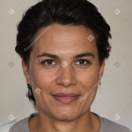 Joyful white adult female with short  brown hair and brown eyes