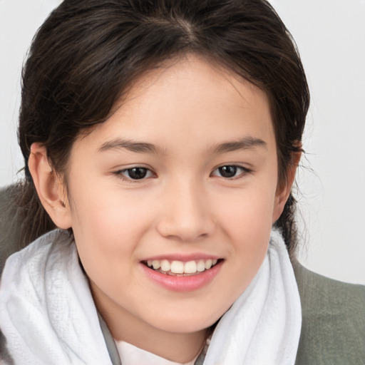 Joyful white child female with medium  brown hair and brown eyes