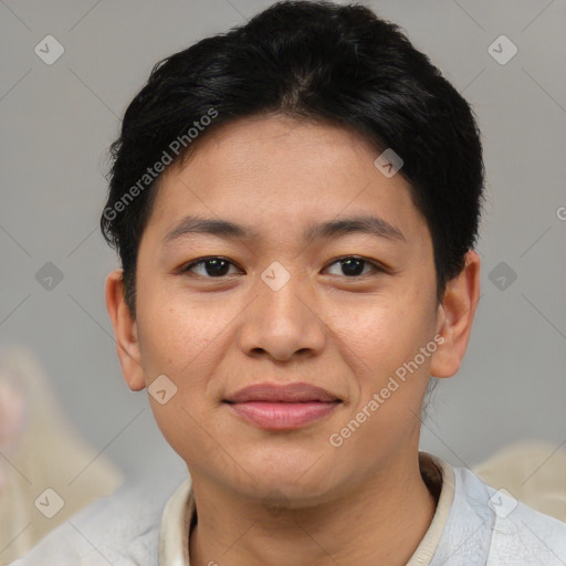 Joyful asian young-adult female with short  black hair and brown eyes