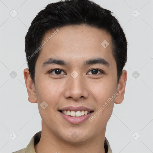 Joyful latino young-adult male with short  brown hair and brown eyes