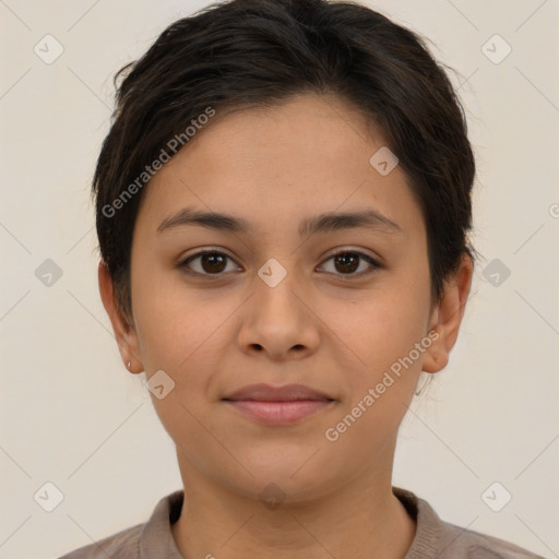 Joyful white young-adult female with short  brown hair and brown eyes