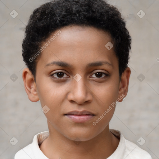 Joyful black young-adult female with short  brown hair and brown eyes