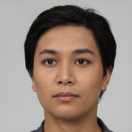 Neutral asian young-adult female with short  black hair and brown eyes