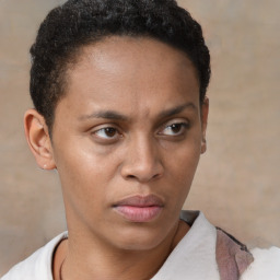 Neutral black young-adult female with short  brown hair and brown eyes