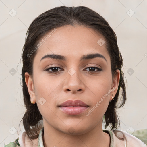 Neutral white young-adult female with medium  brown hair and brown eyes