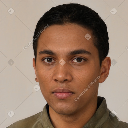 Neutral latino young-adult male with short  black hair and brown eyes