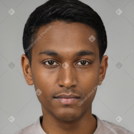 Neutral black young-adult male with short  black hair and brown eyes