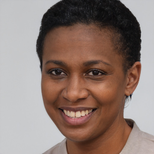 Joyful black young-adult female with short  brown hair and brown eyes
