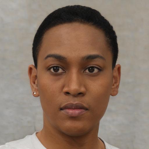 Neutral black young-adult female with short  black hair and brown eyes