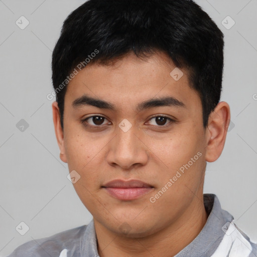 Neutral asian young-adult male with short  black hair and brown eyes