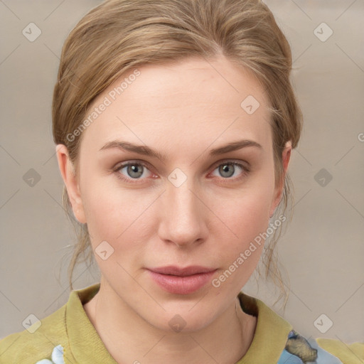 Neutral white young-adult female with medium  brown hair and grey eyes