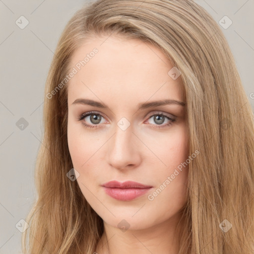 Neutral white young-adult female with long  brown hair and brown eyes