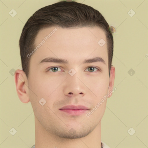 Neutral white young-adult male with short  brown hair and brown eyes