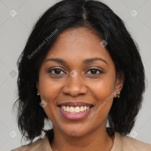 Joyful black young-adult female with medium  black hair and brown eyes