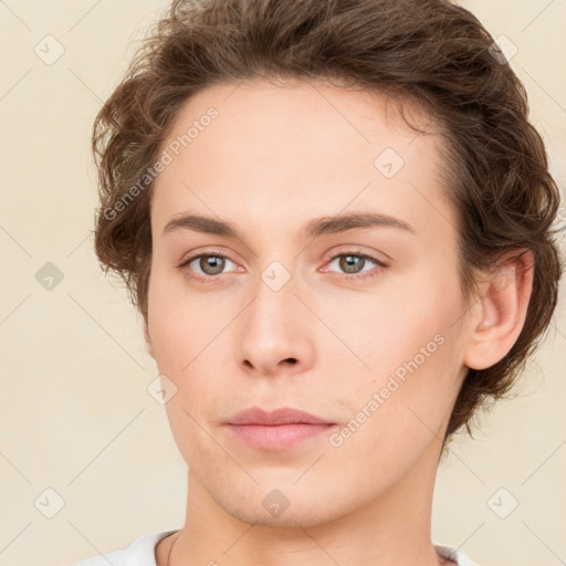 Neutral white young-adult female with short  brown hair and brown eyes