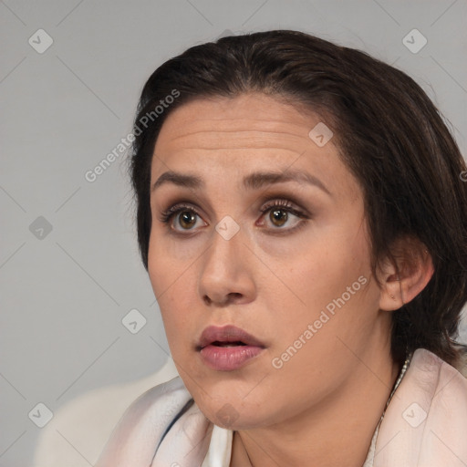 Neutral white young-adult female with medium  brown hair and brown eyes