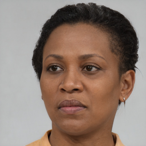 Joyful black adult female with short  brown hair and brown eyes