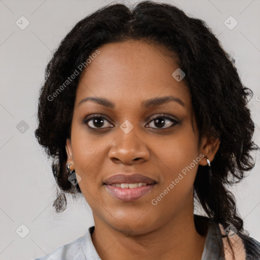 Joyful black young-adult female with medium  black hair and brown eyes