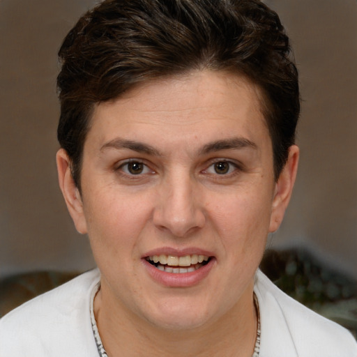 Joyful white adult female with short  brown hair and brown eyes