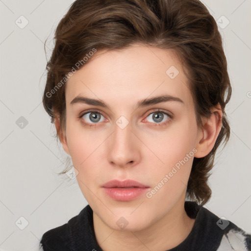 Neutral white young-adult female with medium  brown hair and grey eyes