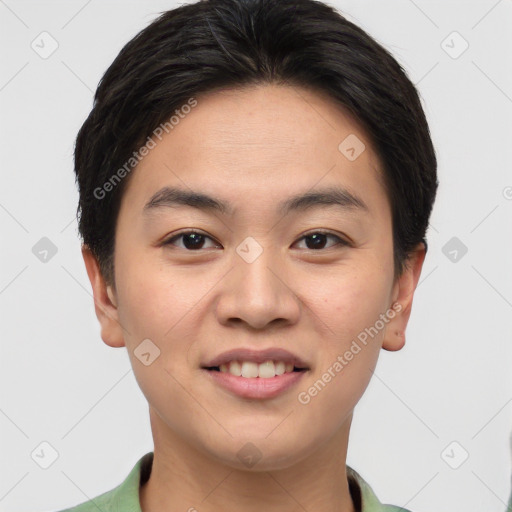 Joyful asian young-adult male with short  brown hair and brown eyes