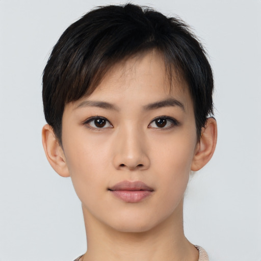 Neutral asian young-adult female with short  brown hair and brown eyes
