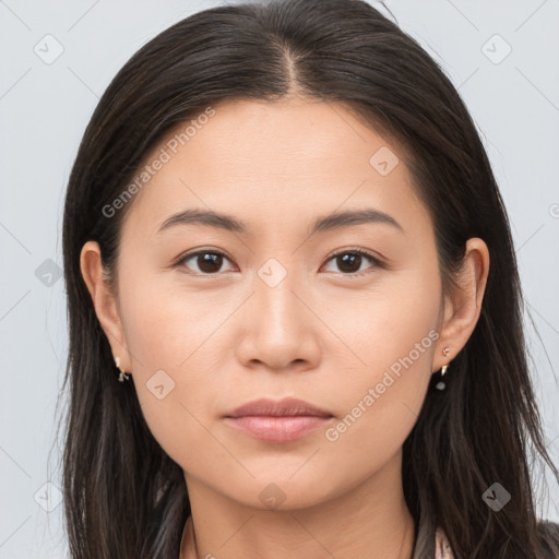 Neutral white young-adult female with long  brown hair and brown eyes