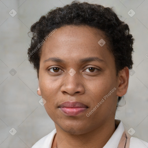 Neutral black young-adult female with short  brown hair and brown eyes