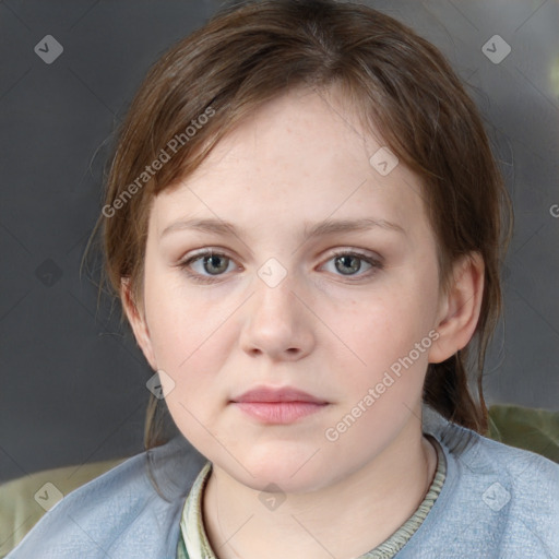 Neutral white child female with medium  brown hair and blue eyes