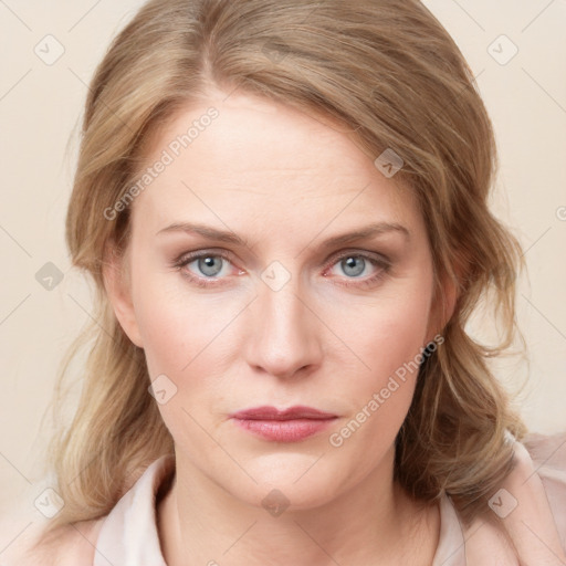 Neutral white young-adult female with medium  brown hair and blue eyes