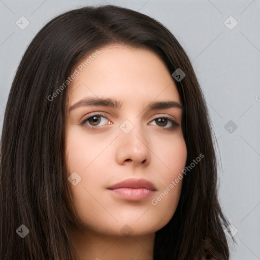 Neutral white young-adult female with long  brown hair and brown eyes