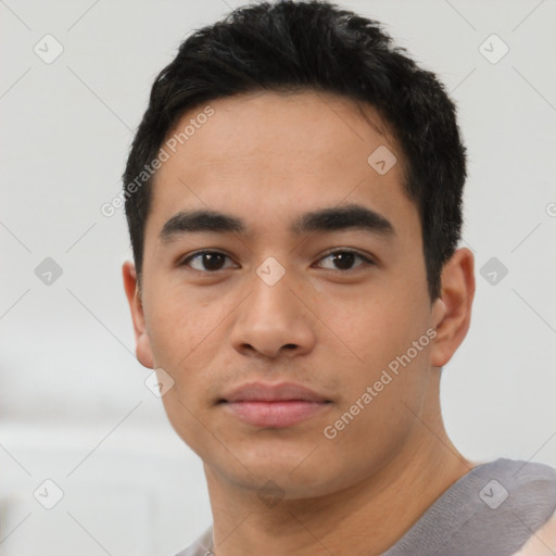 Neutral asian young-adult male with short  black hair and brown eyes