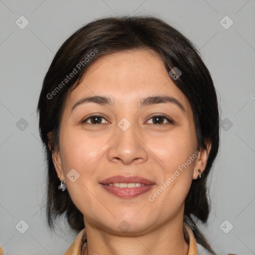 Joyful white young-adult female with medium  brown hair and brown eyes