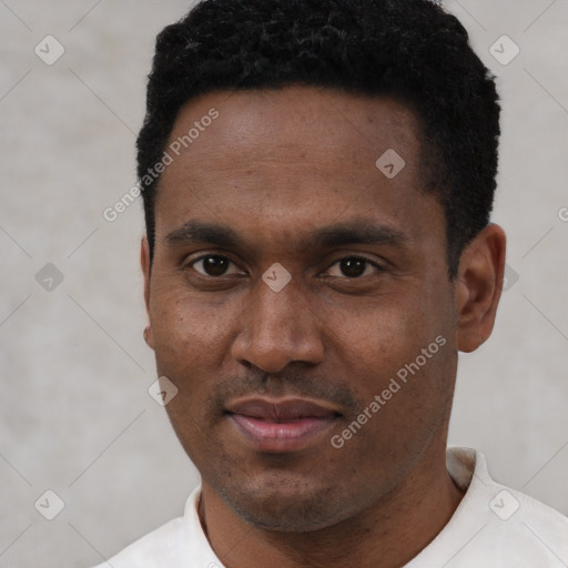 Neutral black young-adult male with short  black hair and brown eyes