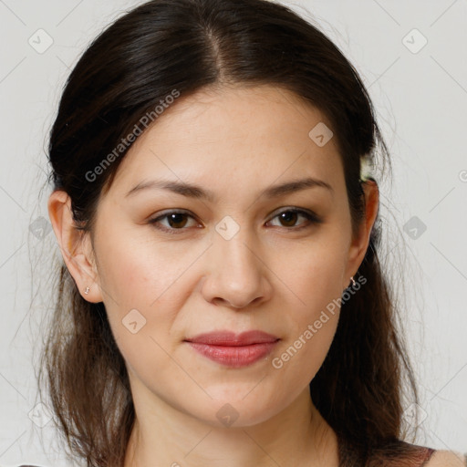 Joyful white young-adult female with medium  brown hair and brown eyes