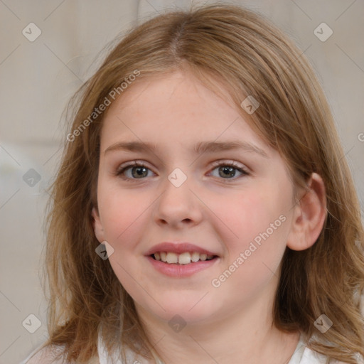 Joyful white child female with medium  brown hair and blue eyes