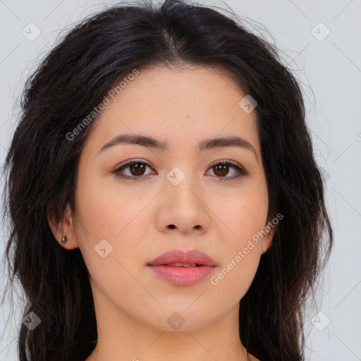 Joyful asian young-adult female with long  brown hair and brown eyes