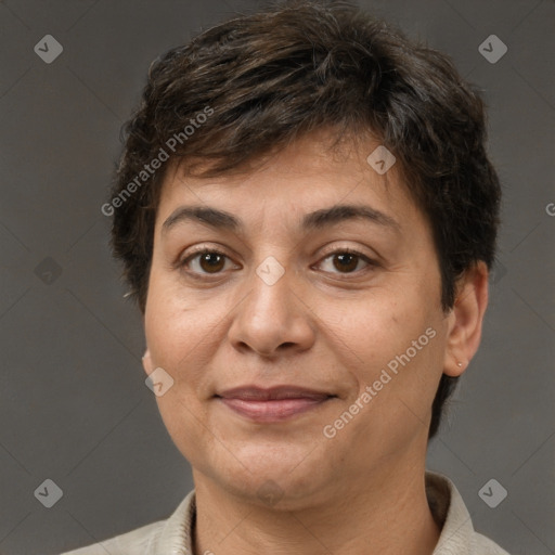 Joyful white adult female with short  brown hair and brown eyes