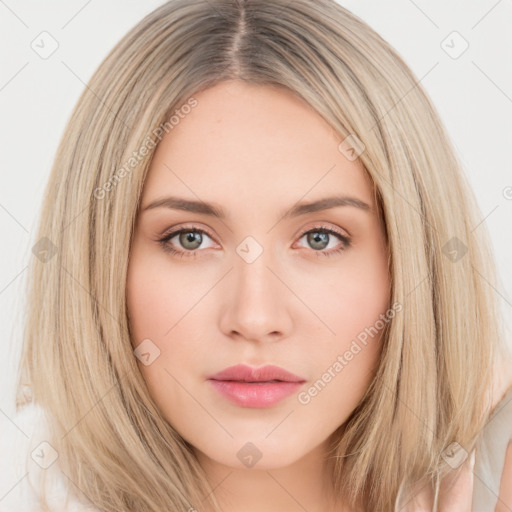 Neutral white young-adult female with long  brown hair and brown eyes