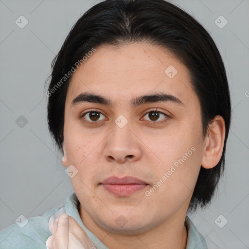 Joyful white young-adult male with medium  brown hair and brown eyes