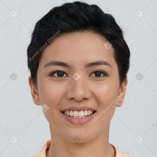 Joyful asian young-adult female with short  brown hair and brown eyes