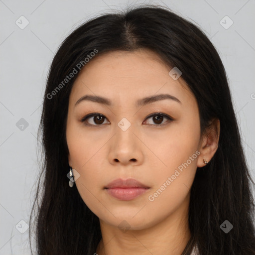 Neutral asian young-adult female with long  brown hair and brown eyes