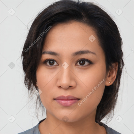 Neutral asian young-adult female with medium  brown hair and brown eyes