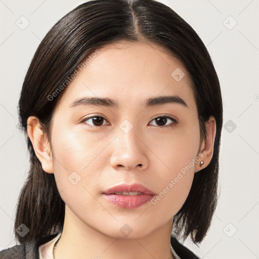 Neutral asian young-adult female with medium  brown hair and brown eyes