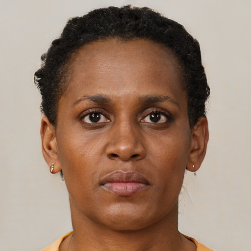 Neutral black young-adult female with short  brown hair and brown eyes