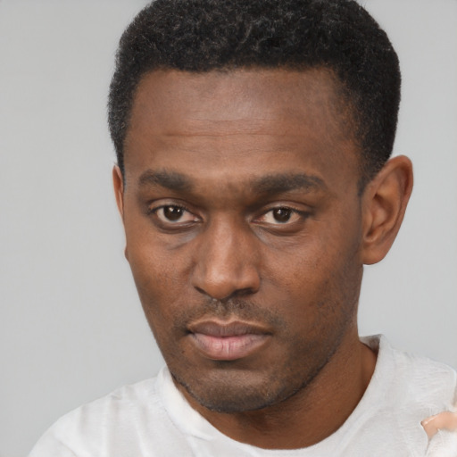 Neutral black young-adult male with short  black hair and brown eyes