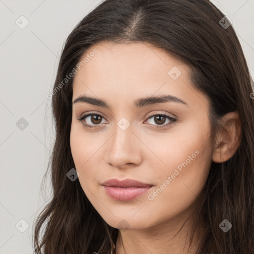 Neutral white young-adult female with long  brown hair and brown eyes