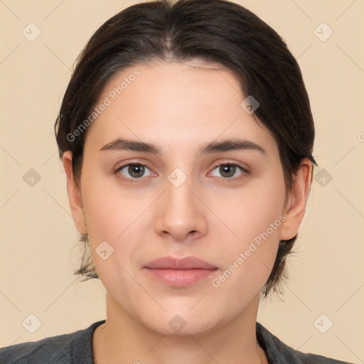 Neutral white young-adult female with medium  brown hair and brown eyes