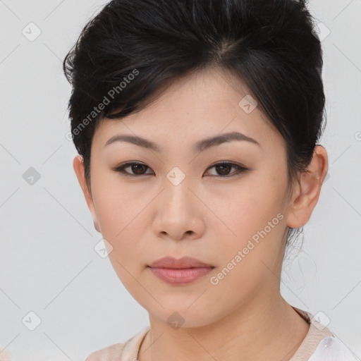 Neutral asian young-adult female with short  brown hair and brown eyes